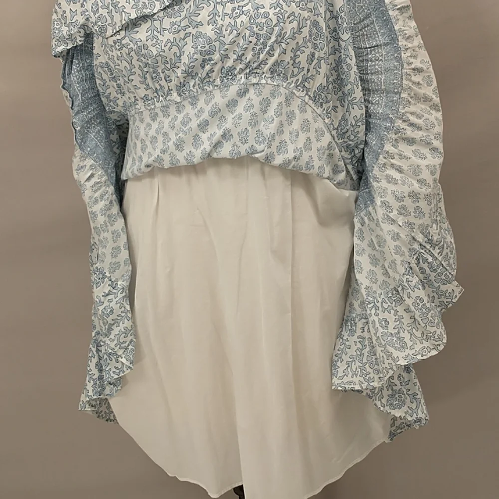 Cotton Block Print Summer Dress Wedgewood Blue & White Lined Midi Tiered Skirt - Picture 7 of 9